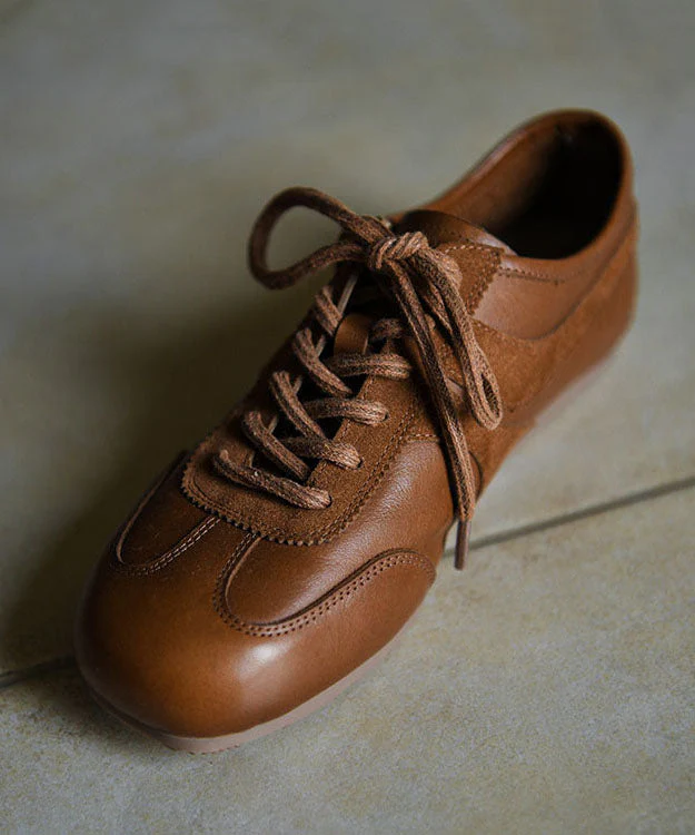 Retro Brown Cowhide Leather Splicing Flat Feet Shoes Lace Up - Image 2
