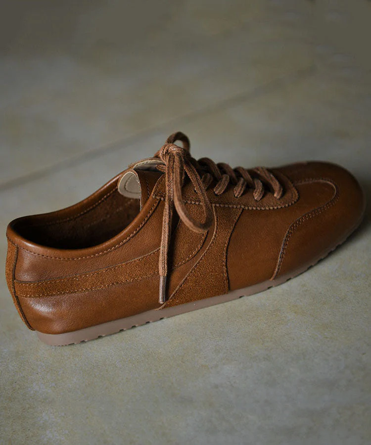 Retro Brown Cowhide Leather Splicing Flat Feet Shoes Lace Up - Image 3