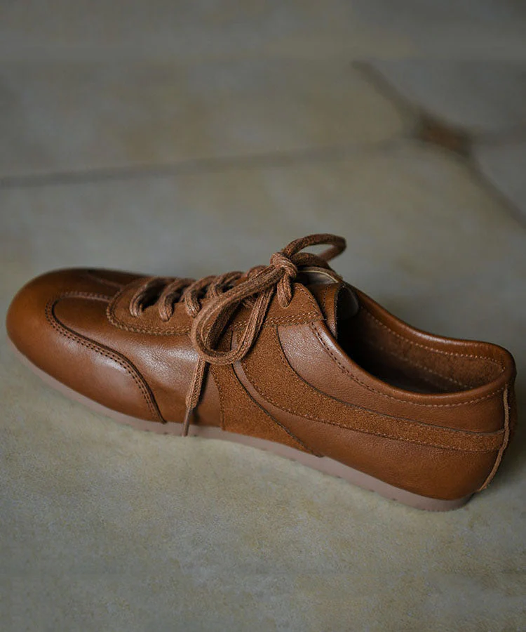 Retro Brown Cowhide Leather Splicing Flat Feet Shoes Lace Up - Image 5
