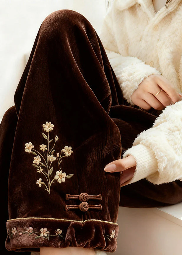 Retro Brown Embroidered Elastic Waist Silk Velvet Fleece Pants Spring - Image 2