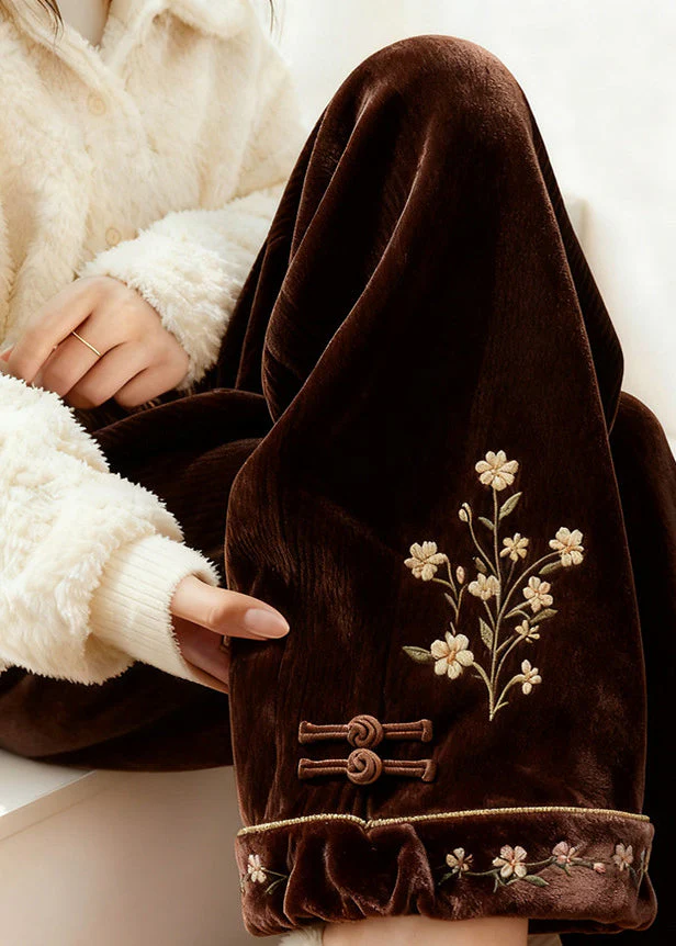 Retro Brown Embroidered Elastic Waist Silk Velvet Fleece Pants Spring - Image 3