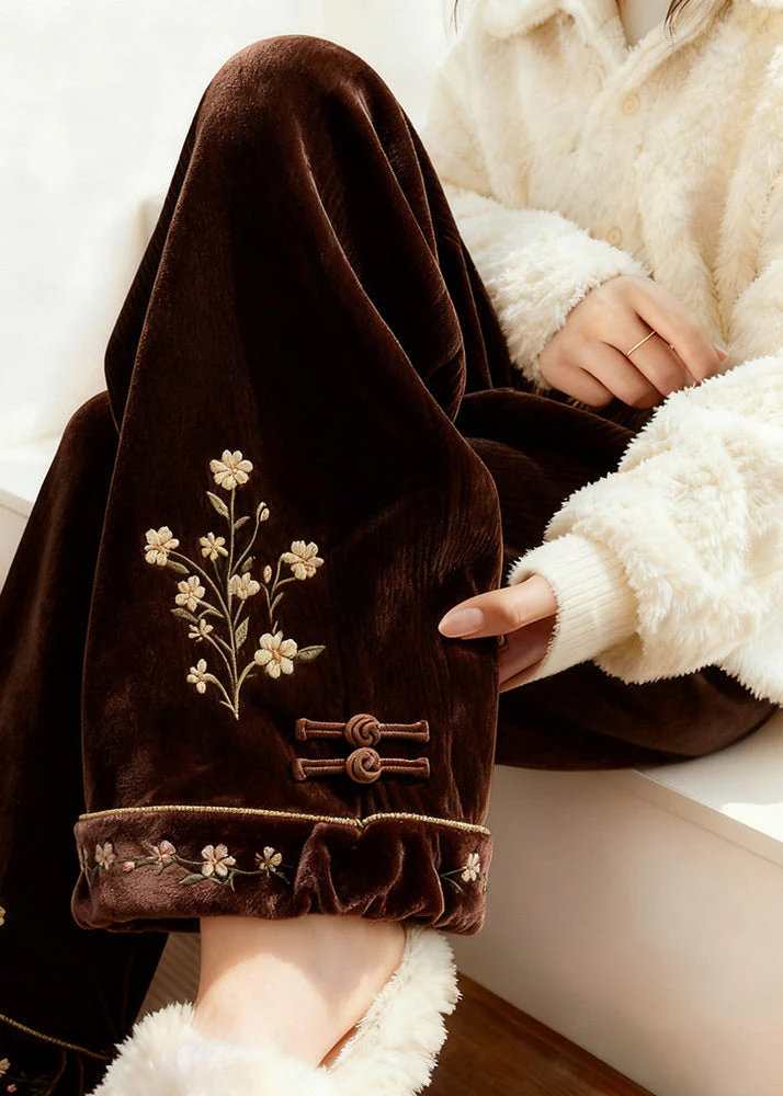 Retro Brown Embroidered Elastic Waist Silk Velvet Fleece Pants Spring - Image 4