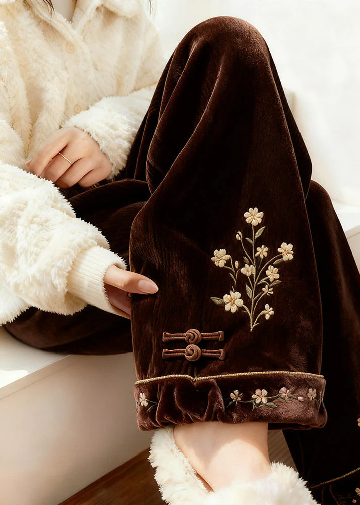 Retro Brown Embroidered Elastic Waist Silk Velvet Fleece Pants Spring - Image 5