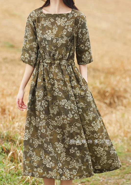 Retro Brown O Neck Print Patchwork Drawstring Cotton Dresses Summer - Image 2