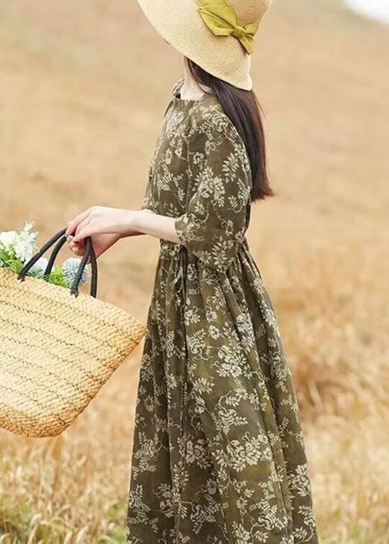 Retro Brown O Neck Print Patchwork Drawstring Cotton Dresses Summer - Image 3
