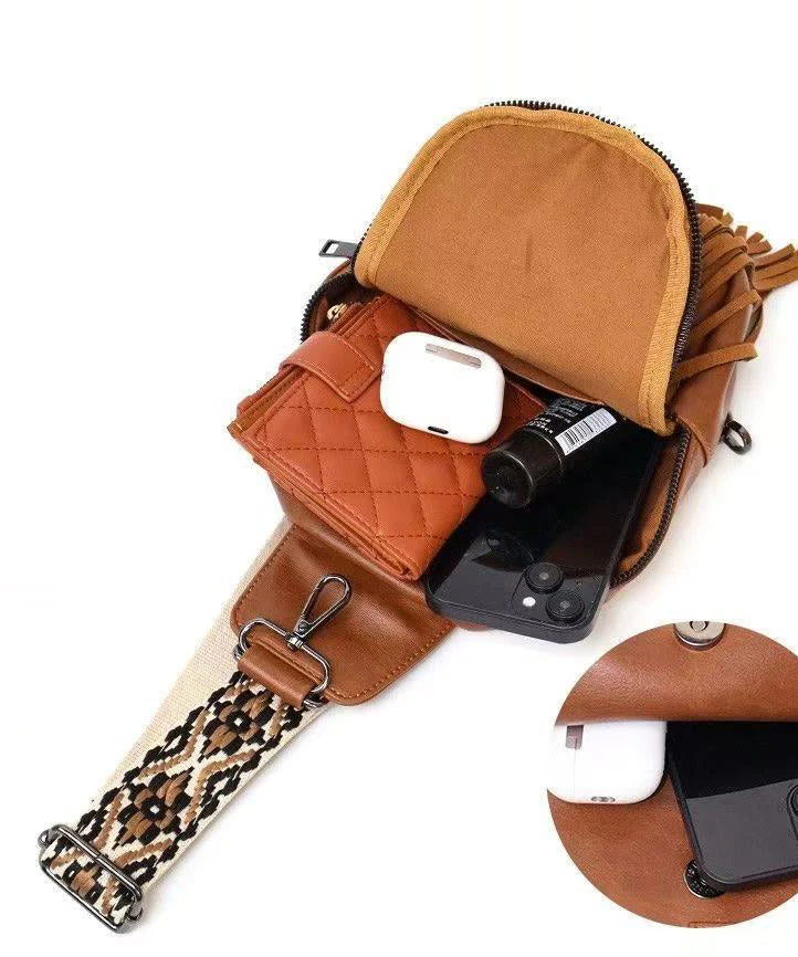 Retro Brown Tasseled Patchwork Embossing Faux Leather Mini Handbag - Image 5