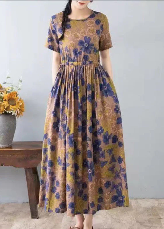 Retro Coffee O-Neck Print Patchwork Pockets Long Dresses Short Sleeve - Image 2