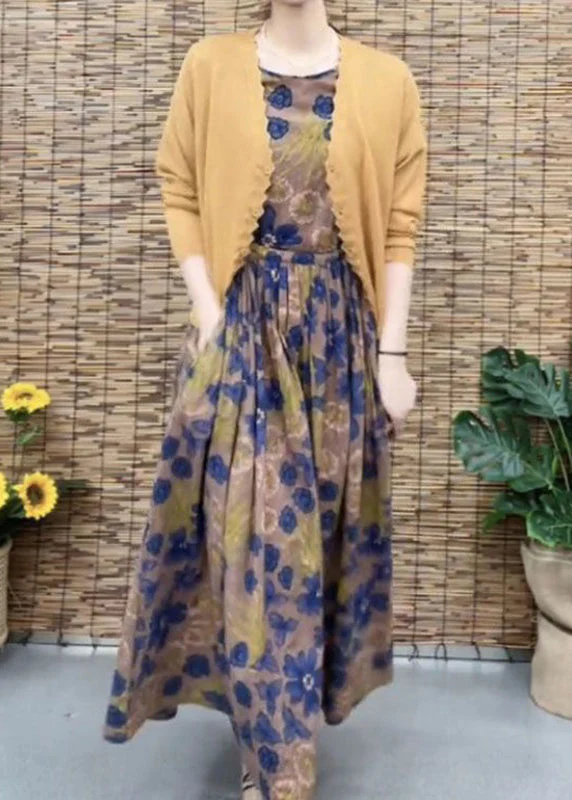 Retro Coffee O-Neck Print Patchwork Pockets Long Dresses Short Sleeve - Image 3