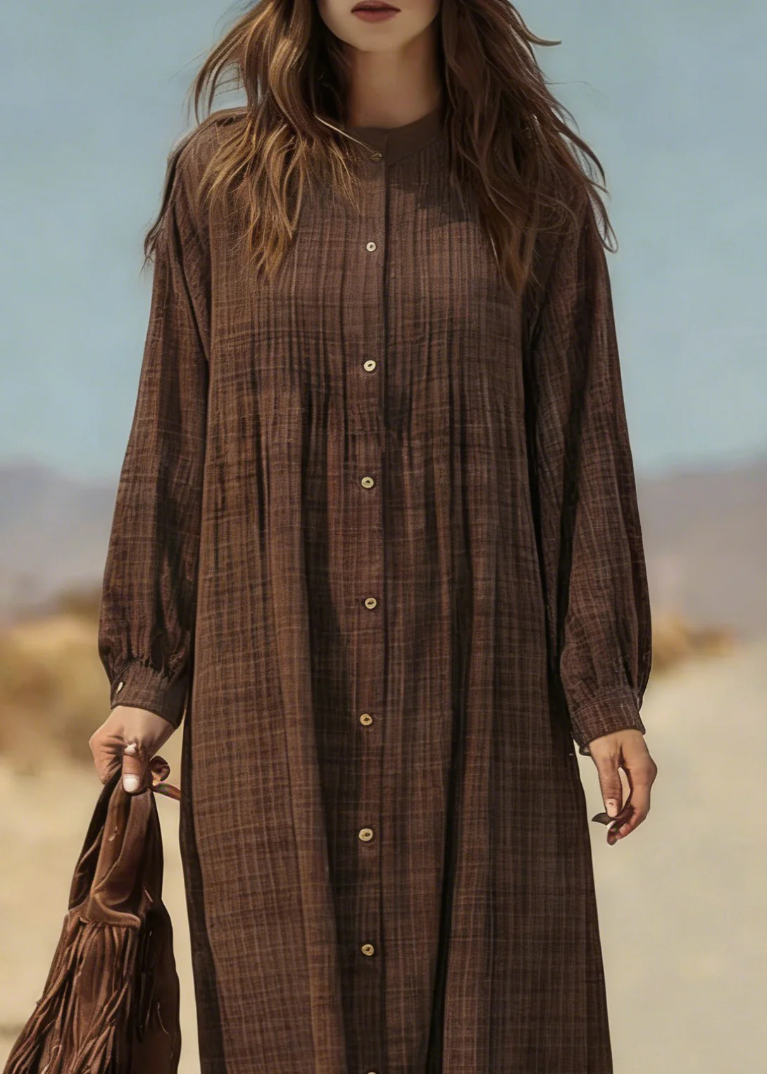 Retro Coffee Plaid Button Cotton Shirts Dress Spring - Image 2