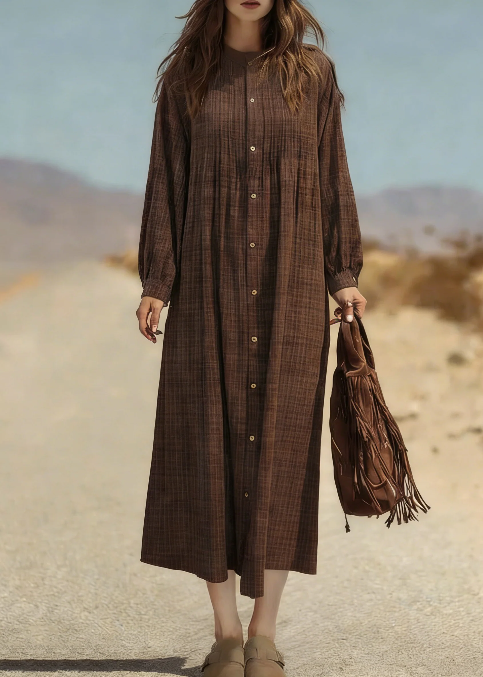 Retro Coffee Plaid Button Cotton Shirts Dress Spring - Image 3