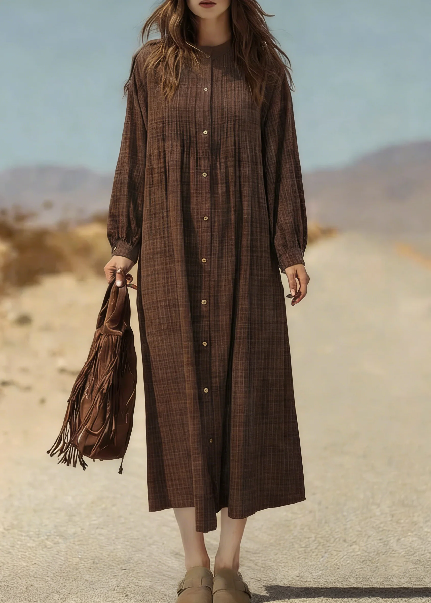 Retro Coffee Plaid Button Cotton Shirts Dress Spring - Image 5