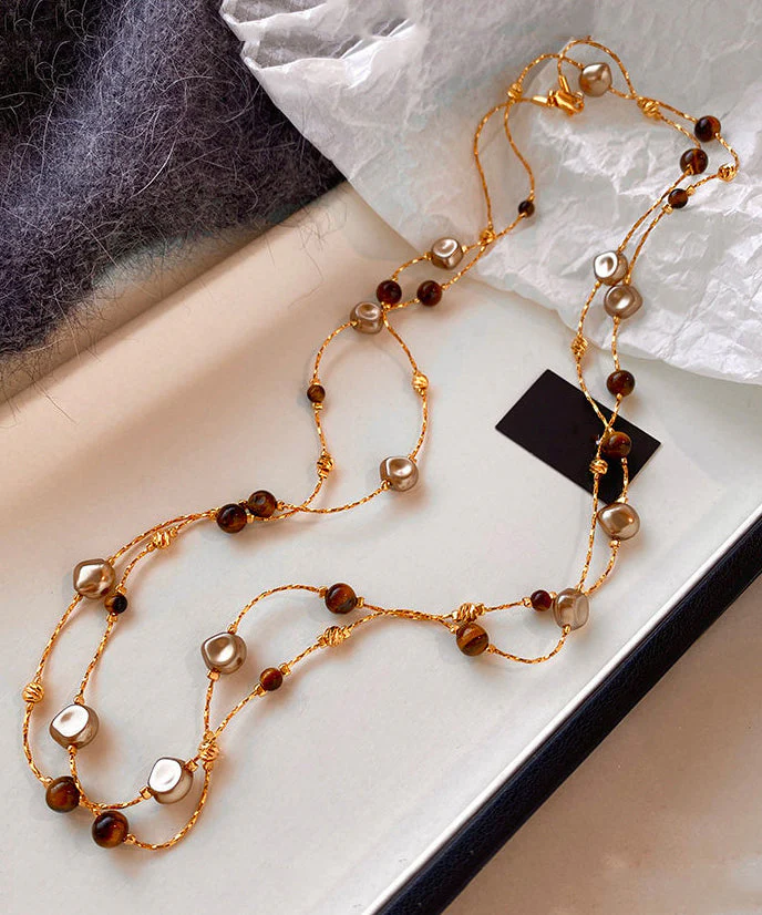 Retro Coffee Tiger's Eye Stone Double Tier Copper Long Necklace - Image 5