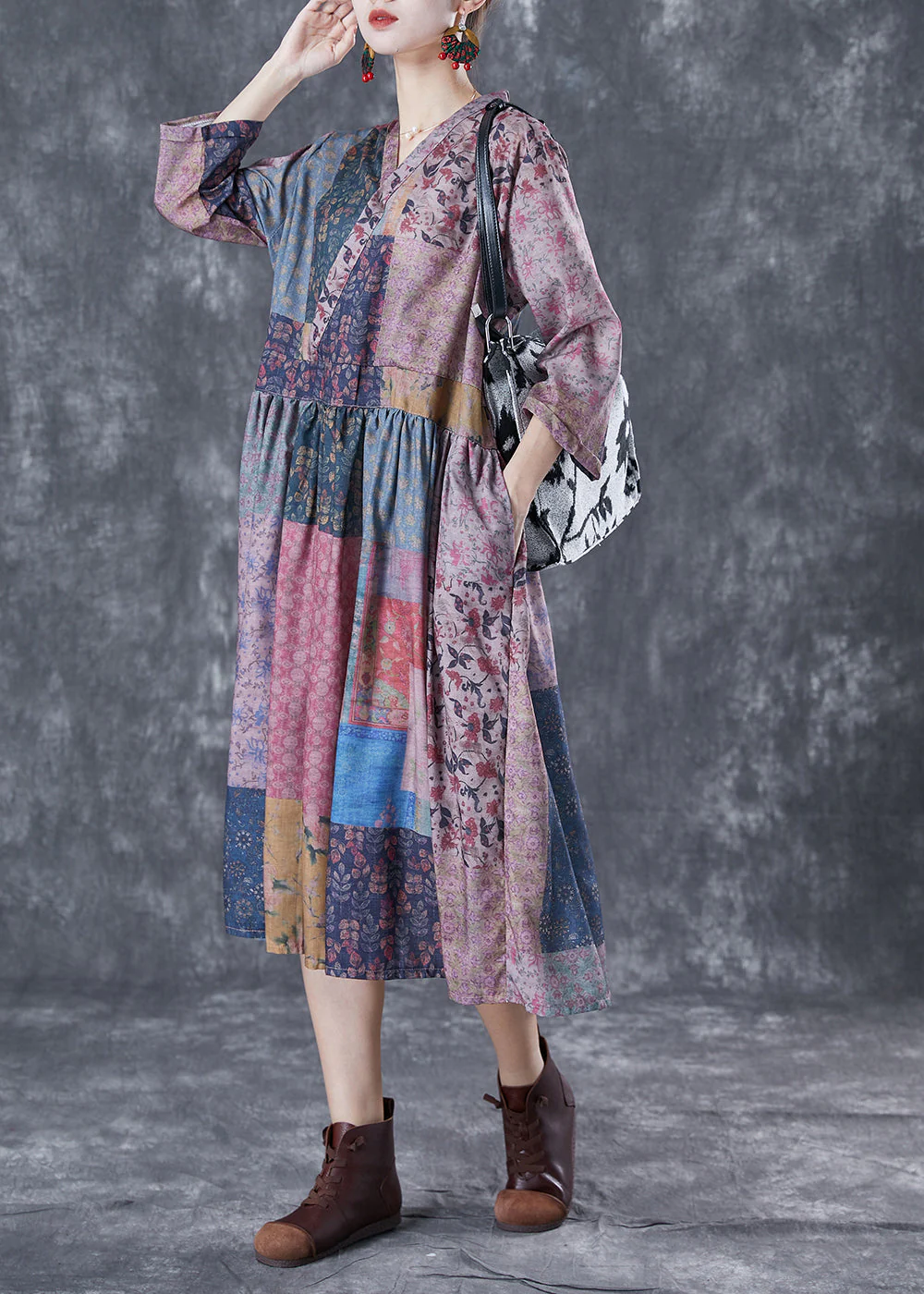 Retro Colorblock V Neck Patchwork Exra Large Hem Linen Dress Bracelet Sleeve - Image 2