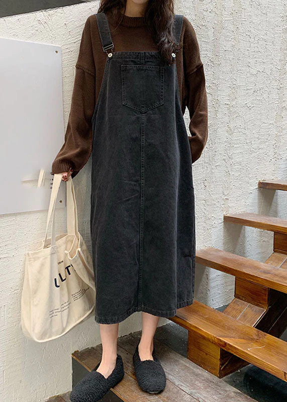 Retro Denim Black Slash Neck Patchwork Button Long Cami Dresses Sleeveless - Image 2