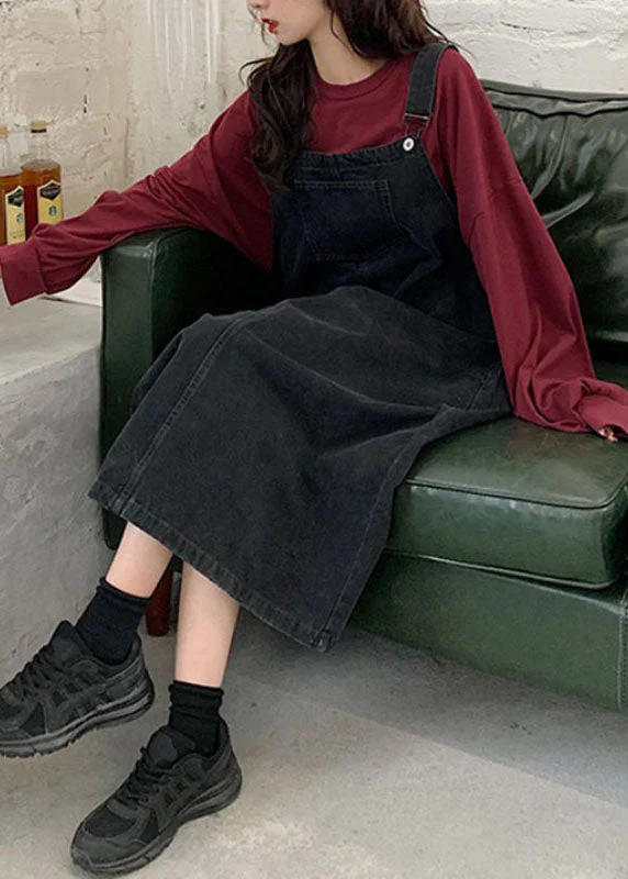 Retro Denim Black Slash Neck Patchwork Button Long Cami Dresses Sleeveless - Image 3