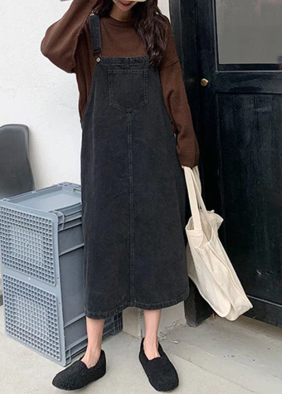 Retro Denim Black Slash Neck Patchwork Button Long Cami Dresses Sleeveless - Image 4