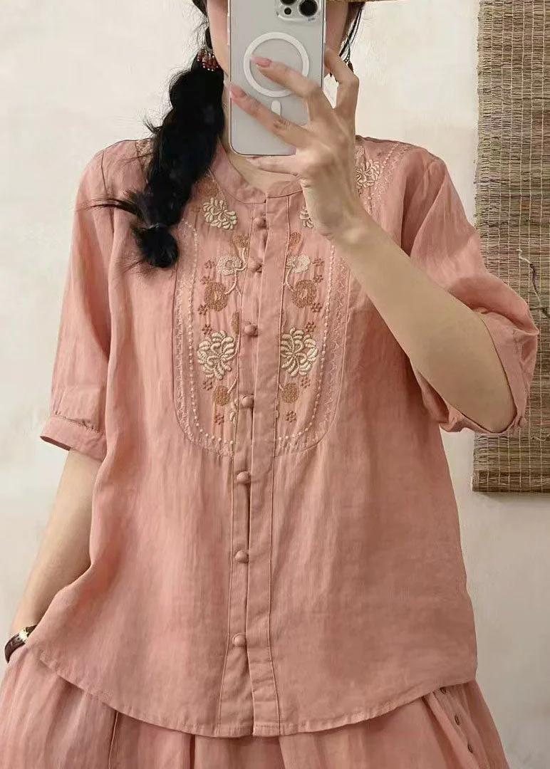 Retro Fitted Red O-Neck Embroidered Linen Shirts Summer - Image 2