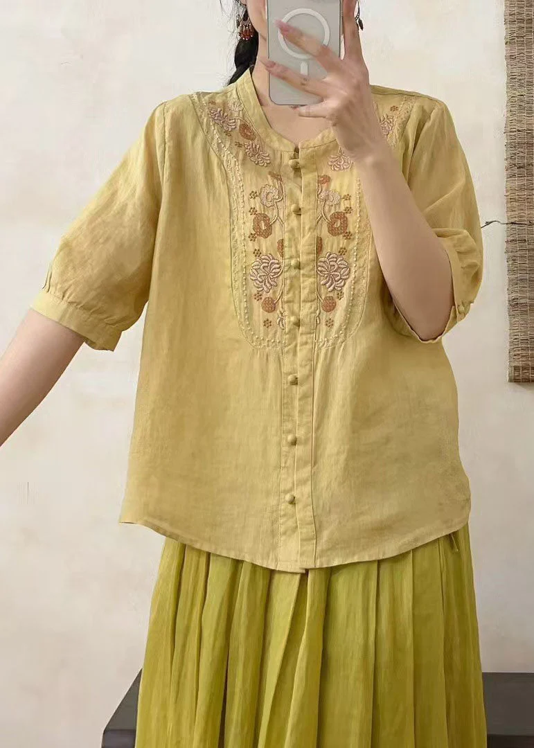Retro Fitted Red O-Neck Embroidered Linen Shirts Summer - Image 4