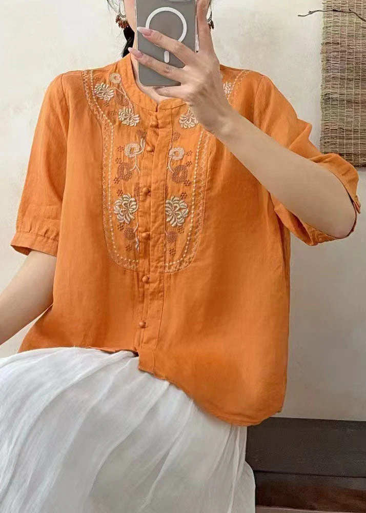 Retro Fitted Red O-Neck Embroidered Linen Shirts Summer - Image 5