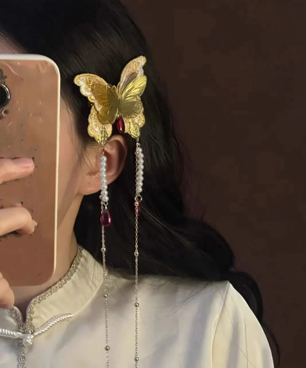 Retro Gold Alloy Embroidery Butterfly Pearl Tassel A Pair Hairpin - Image 4
