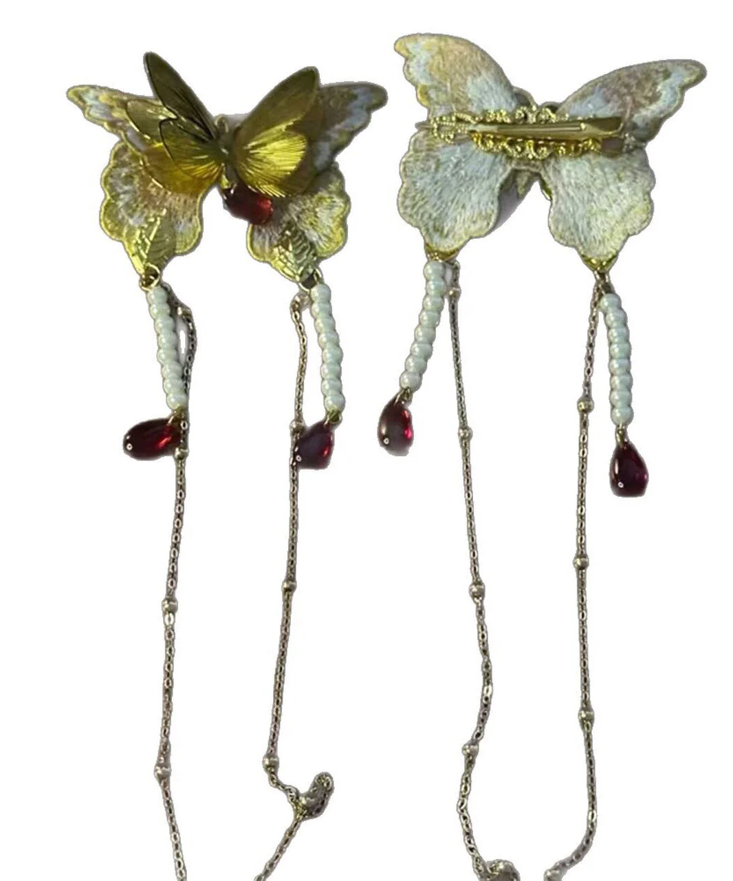Retro Gold Alloy Embroidery Butterfly Pearl Tassel A Pair Hairpin - Image 5