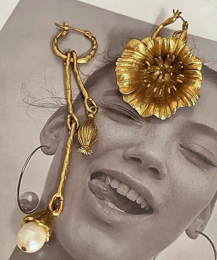 Retro Gold Copper Overgild Asymmetrical Pearl Floral Tassel Drop Earrings - Image 3