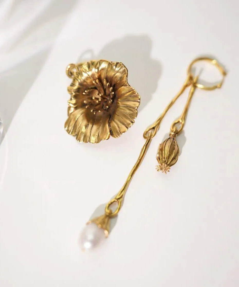 Retro Gold Copper Overgild Asymmetrical Pearl Floral Tassel Drop Earrings - Image 4