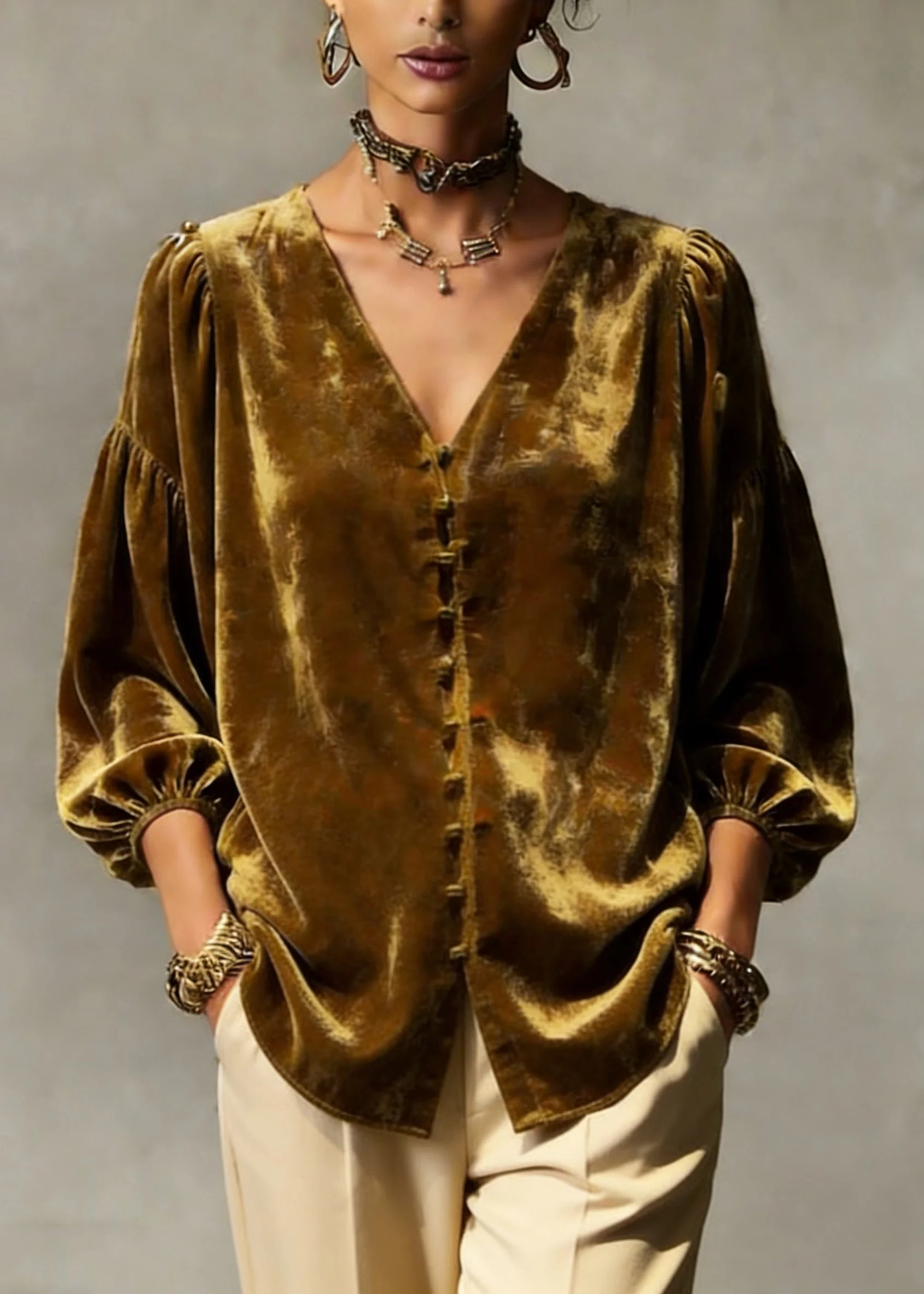 Retro Gold Yellow V Neck Patchwork Top Lantern Sleeve - Image 3