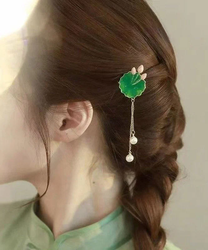 Retro Green Alloy Pearl Lotus Leaf Tassel Hairpin