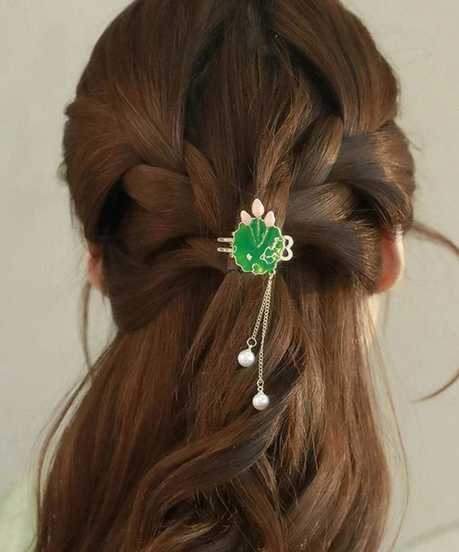 Retro Green Alloy Pearl Lotus Leaf Tassel Hairpin - Image 4