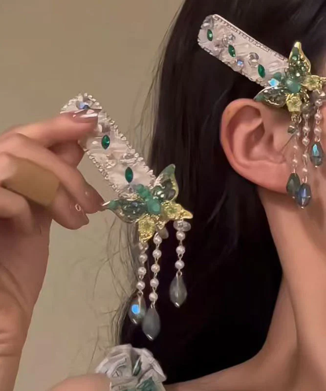 Retro Green Alloy Zircon Butterfly Tassel A Pair Hairpin - Image 3