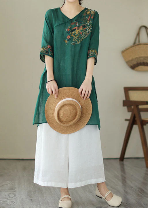 Retro Green Embroideried Patchwork Linen Mid Dresses Summer - Image 2