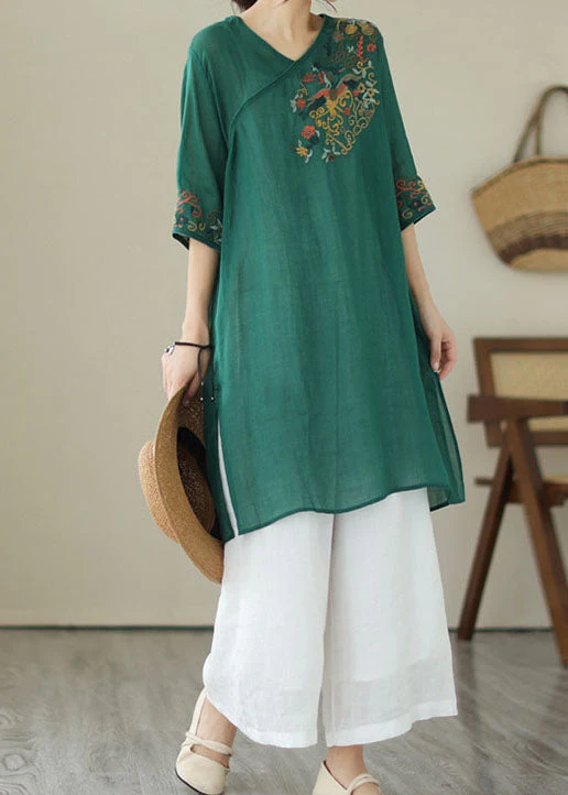 Retro Green Embroideried Patchwork Linen Mid Dresses Summer - Image 3