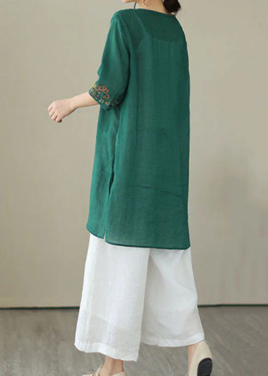 Retro Green Embroideried Patchwork Linen Mid Dresses Summer - Image 4