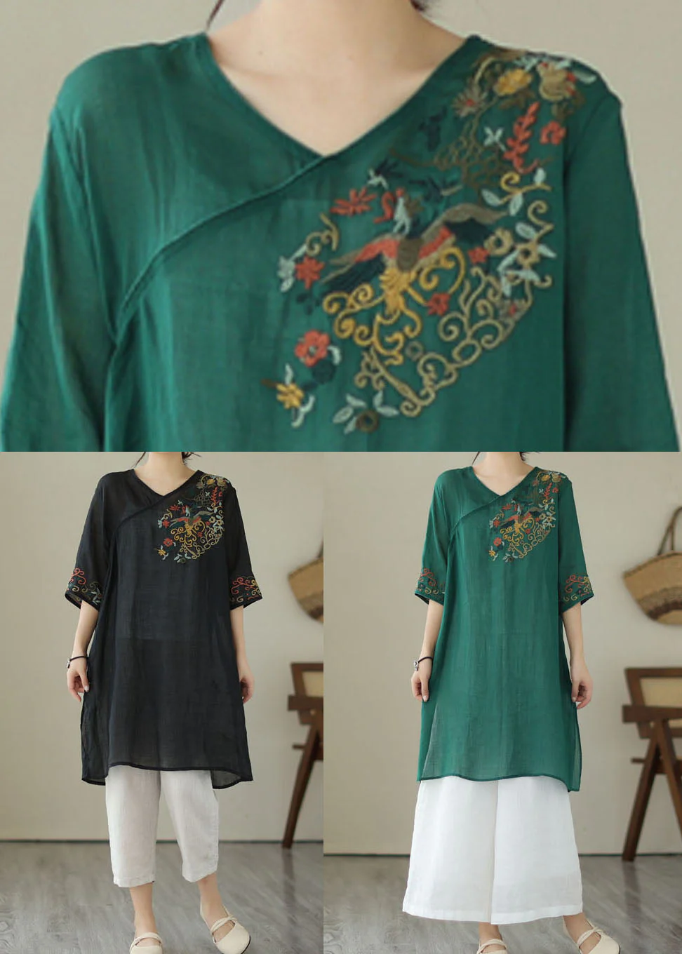 Retro Green Embroideried Patchwork Linen Mid Dresses Summer - Image 5