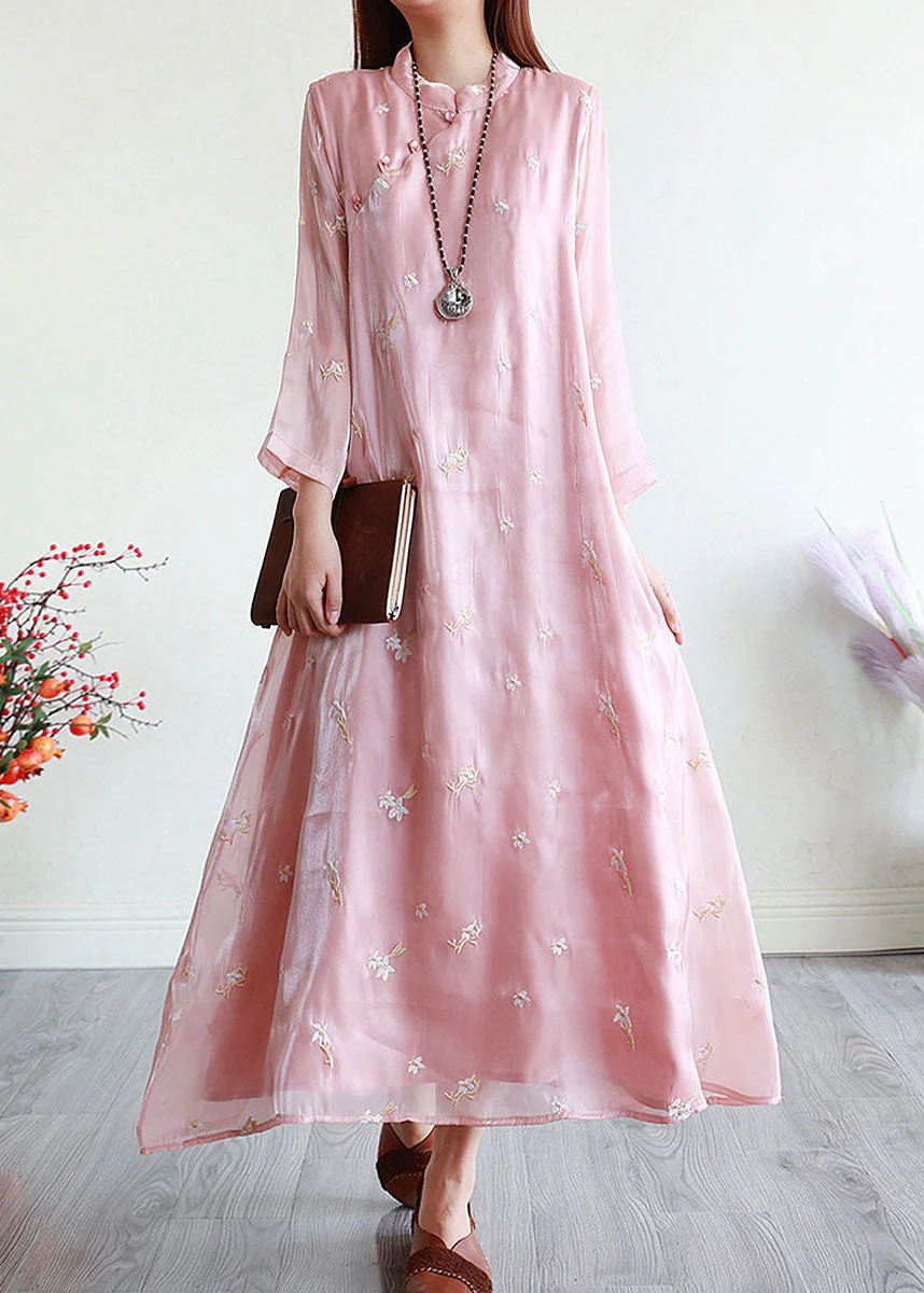 Retro Green Embroideried Patchwork Long Silk Dresses Summer - Image 2
