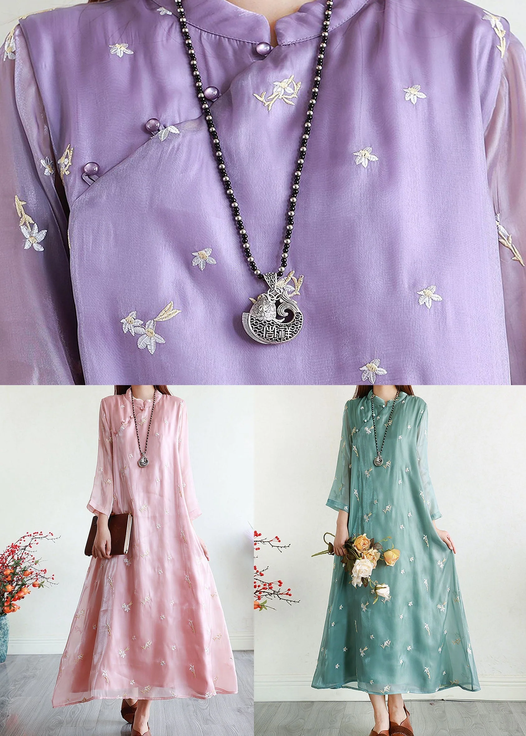 Retro Green Embroideried Patchwork Long Silk Dresses Summer - Image 5