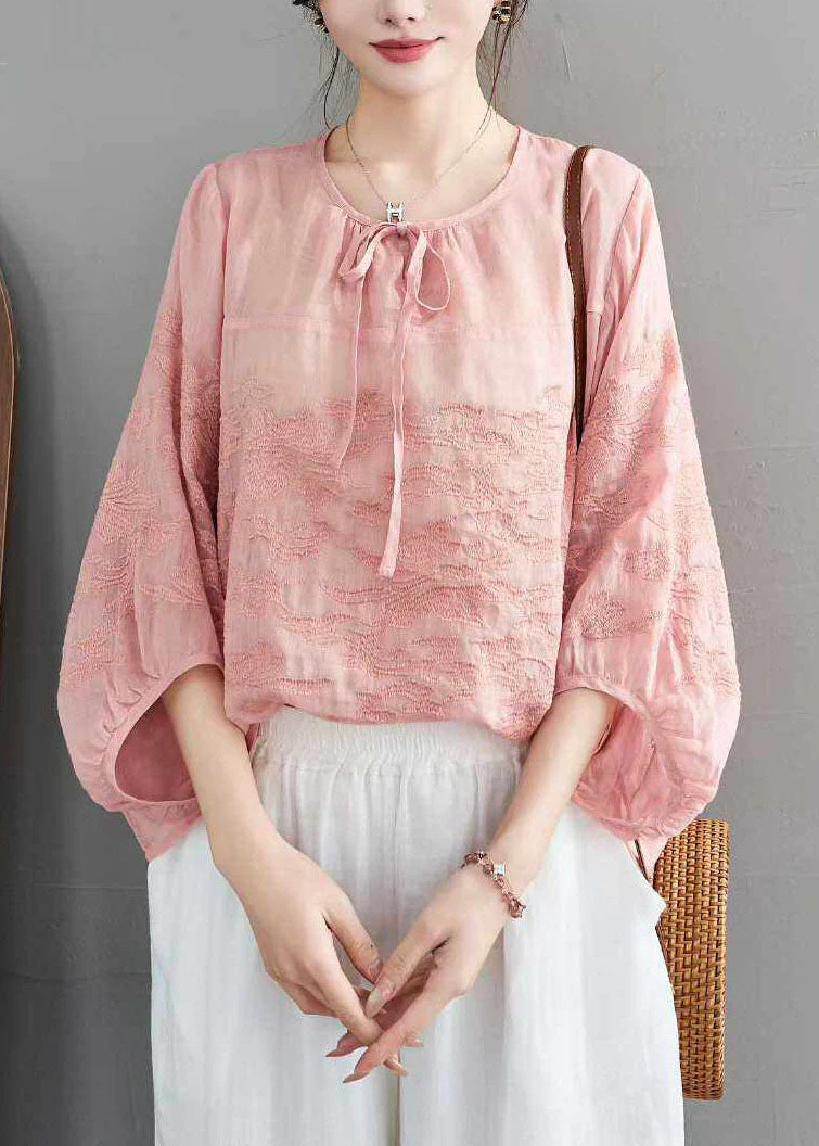 Retro Green Embroidery Lace Up Linen Top Summer - Image 3