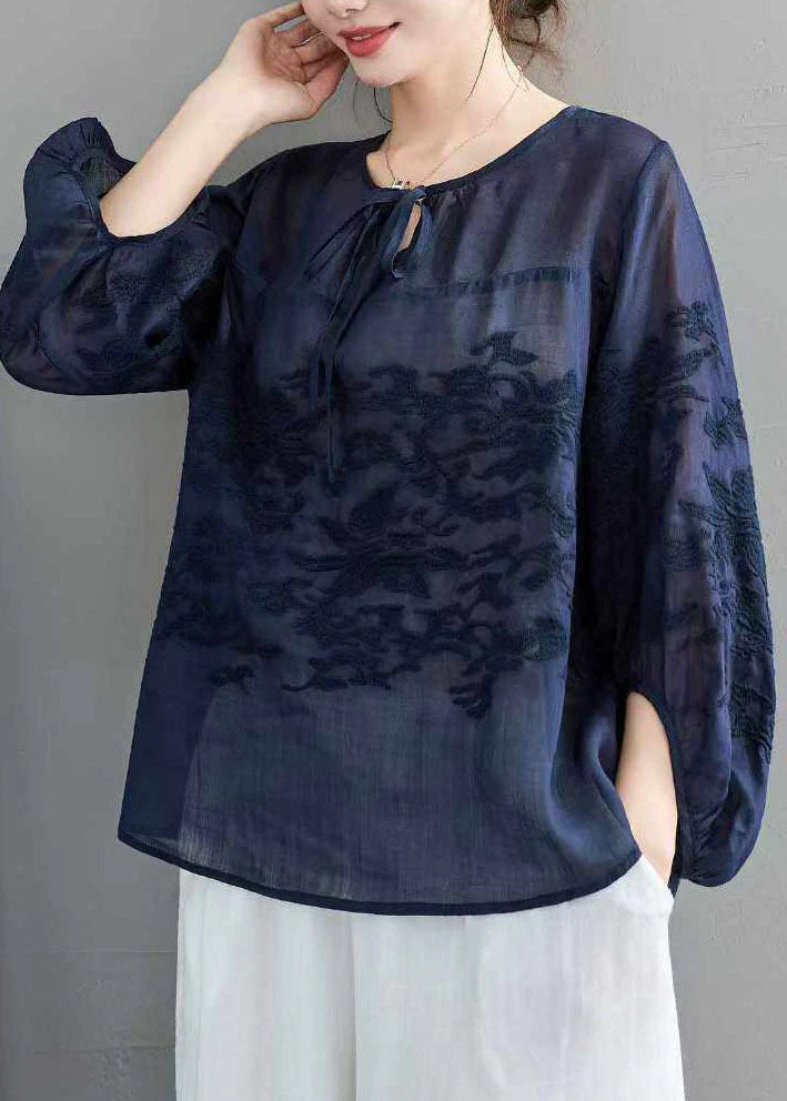 Retro Green Embroidery Lace Up Linen Top Summer - Image 4