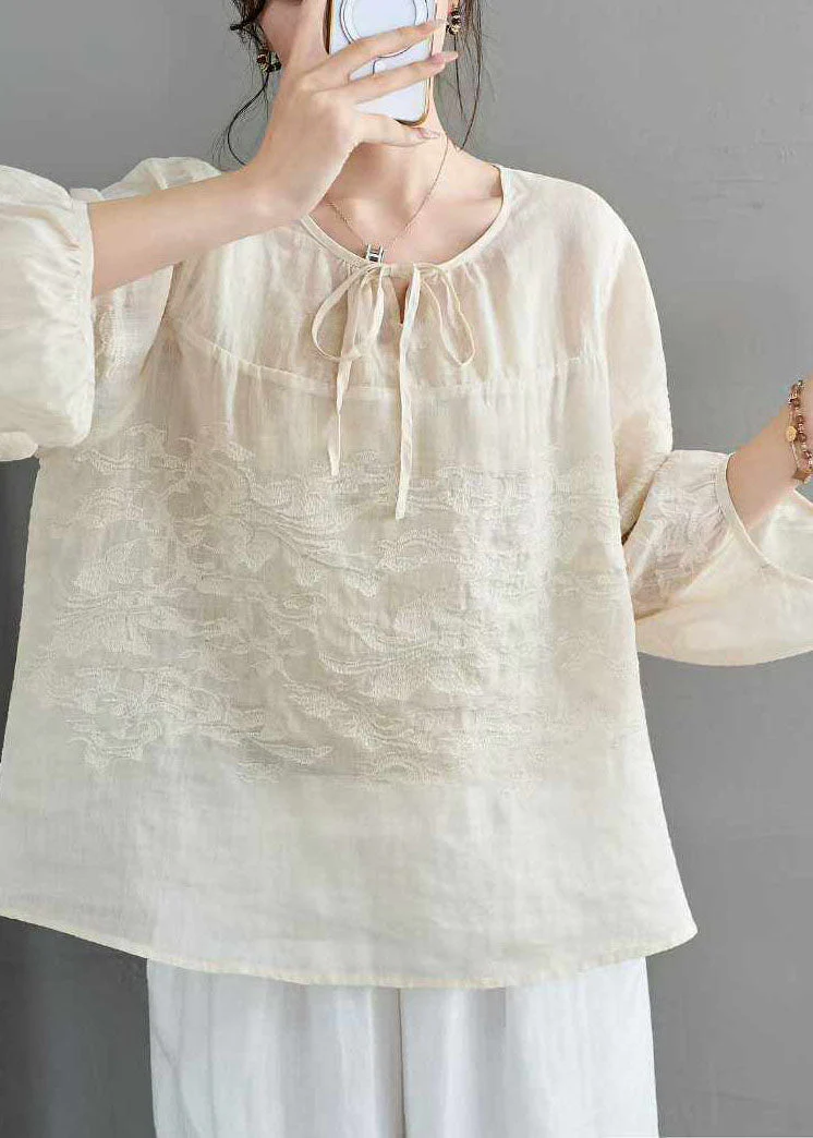 Retro Green Embroidery Lace Up Linen Top Summer - Image 5
