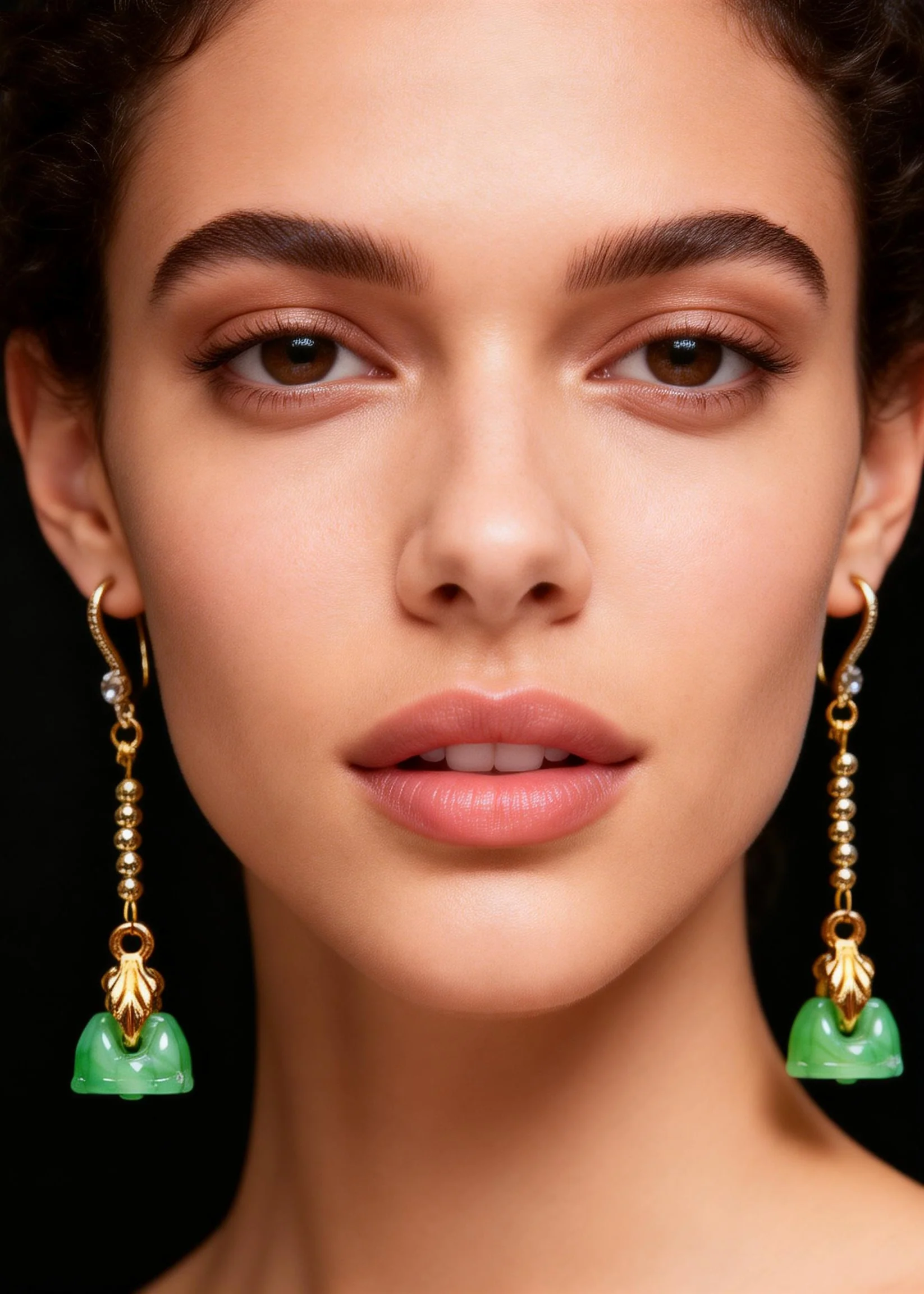 Retro Green Lotus Seedpod Jade Gilding Drop Earrings - Image 4