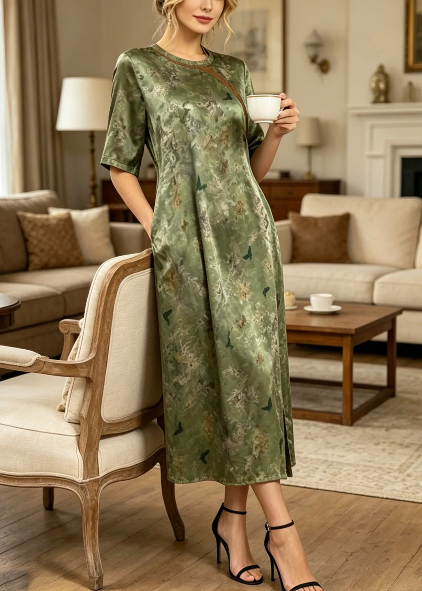 Retro Green O-Neck Patchwork Side Open Silk Long Dress Summer - Image 3