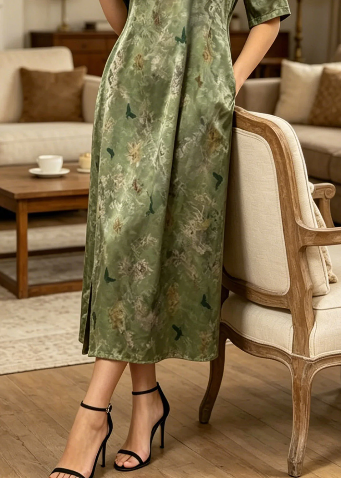 Retro Green O-Neck Patchwork Side Open Silk Long Dress Summer - Image 4