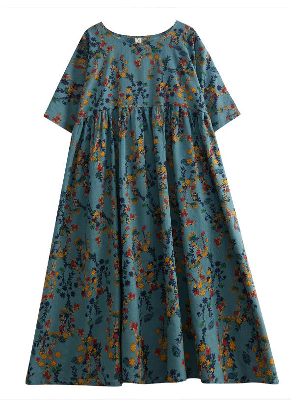 Retro Green O-Neck Print Wrinkled Cotton Maxi Dress Short Sleeve - Image 5