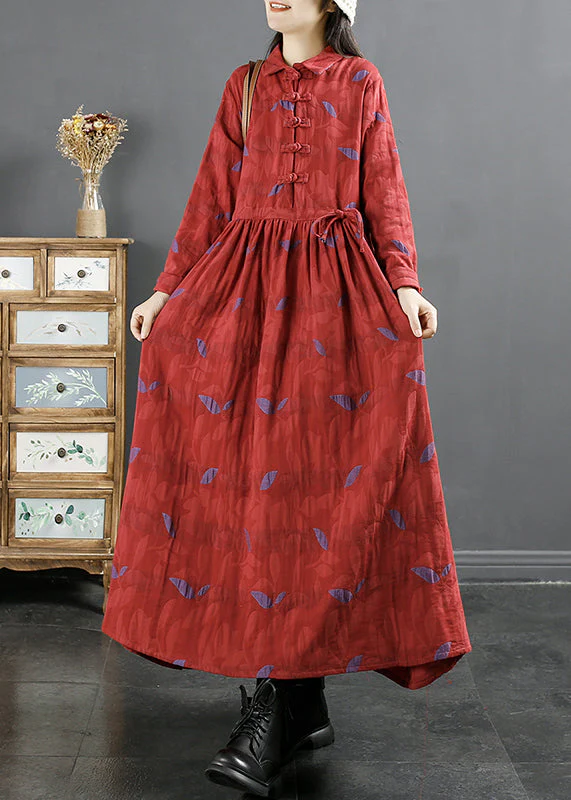 Retro Green Peter Pan Collar Print Drawstring Cotton Long Dress Fall - Image 3