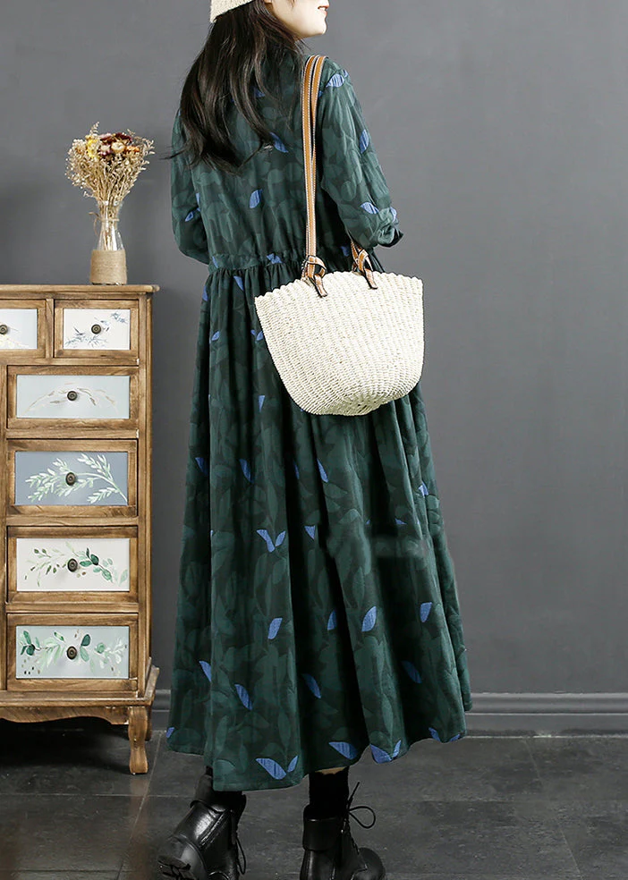 Retro Green Peter Pan Collar Print Drawstring Cotton Long Dress Fall - Image 5