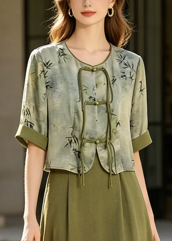Retro Green Print Chinese Button Silk Dress Two Piece Set Summer - Image 2