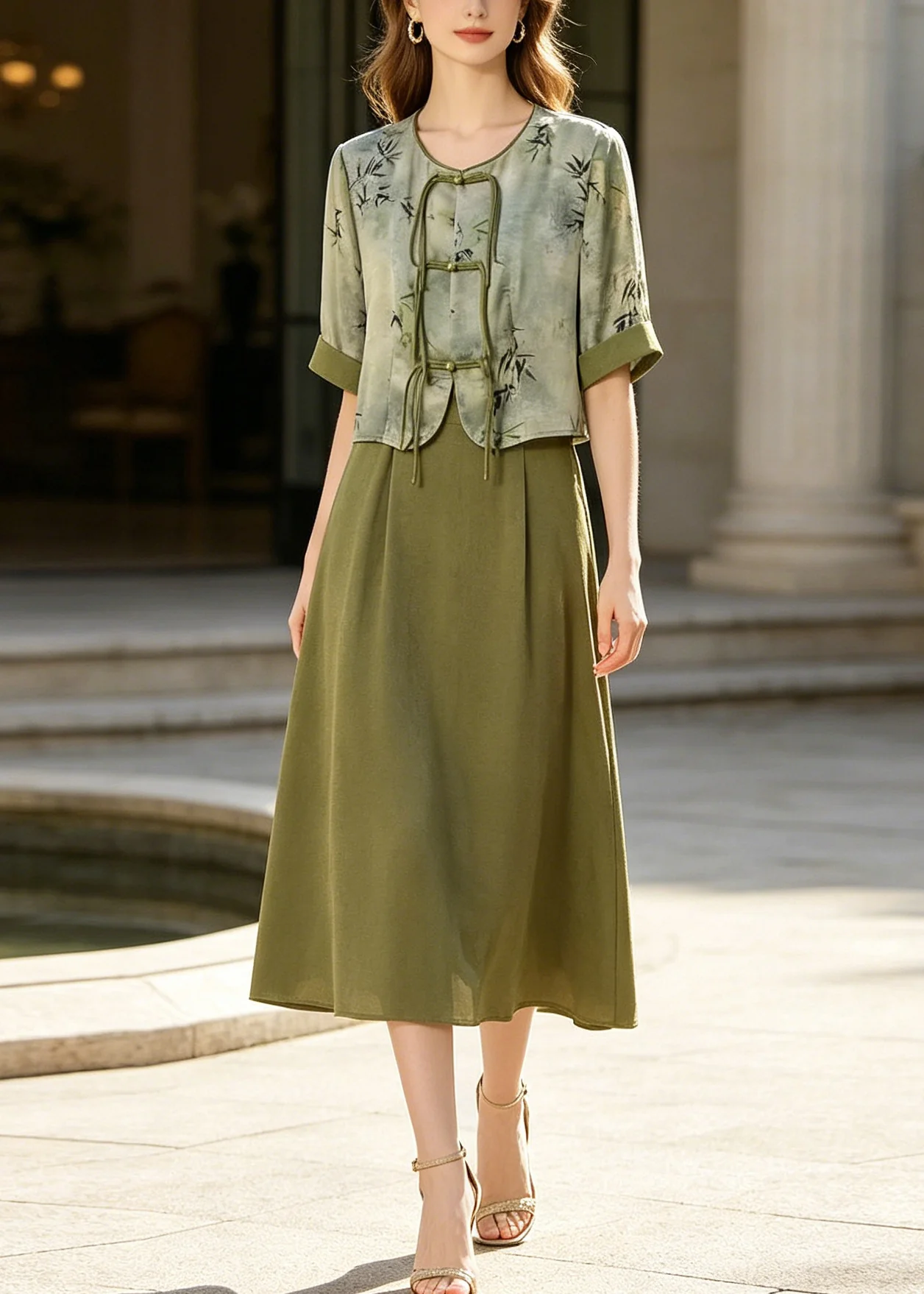 Retro Green Print Chinese Button Silk Dress Two Piece Set Summer - Image 3