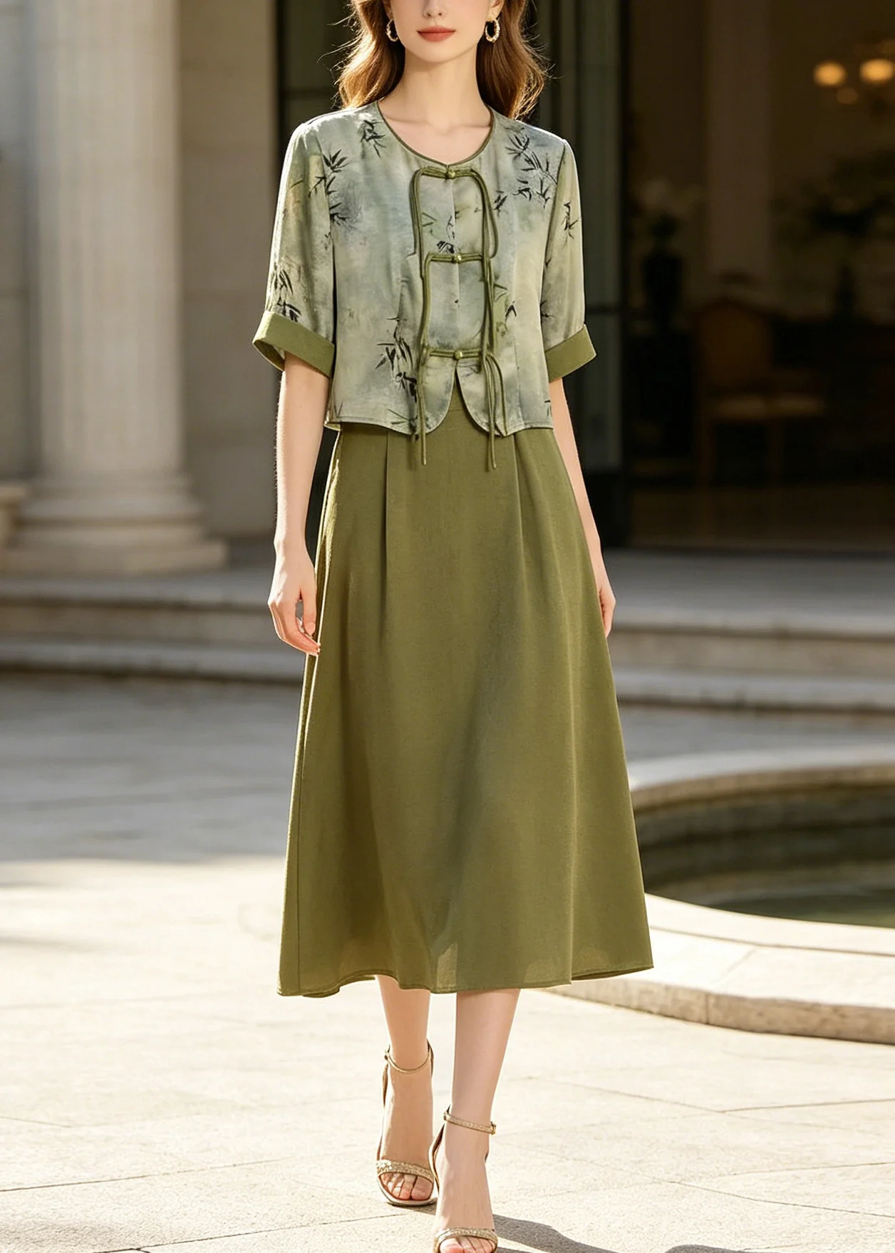 Retro Green Print Chinese Button Silk Dress Two Piece Set Summer - Image 5