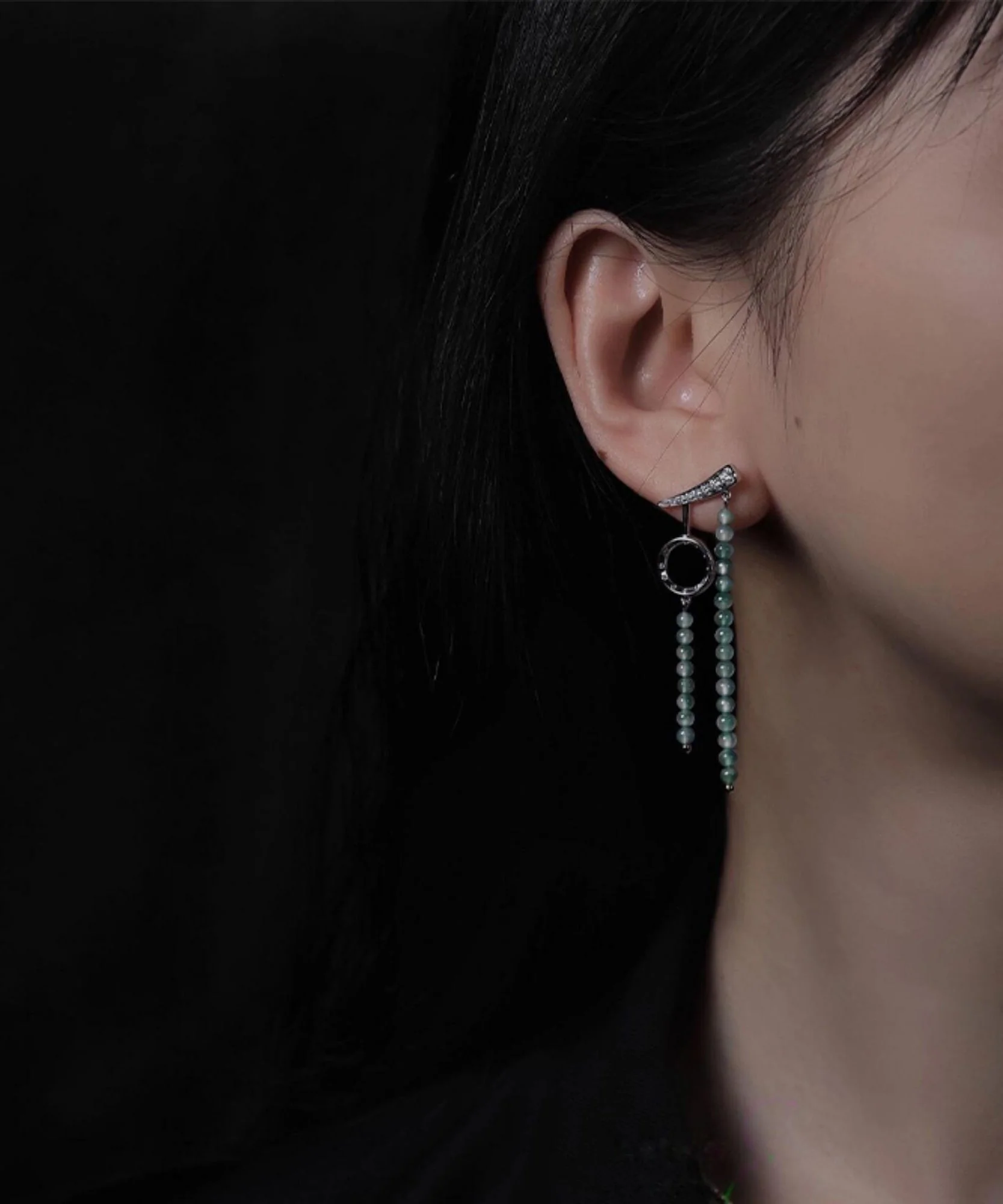 Retro Green Stainless Steel Asymmetrical Beading Drop Earrings - Image 3